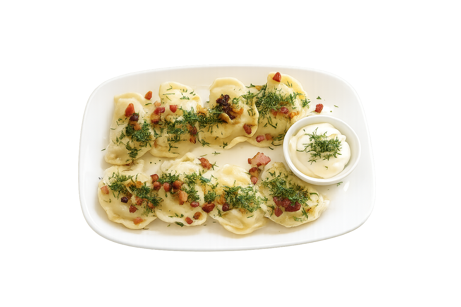 Talerz ręcznie lepionych pierogów z boczkiem i koperkiem — pierogarnia Lepimy, Gliwice